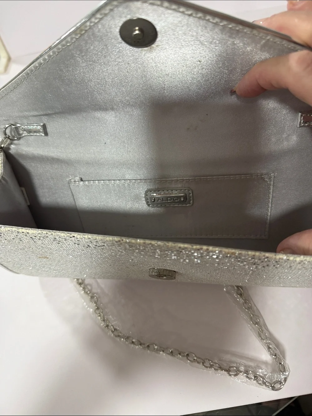 Aldo Silver Sparkle Envelope Clutch with Chain